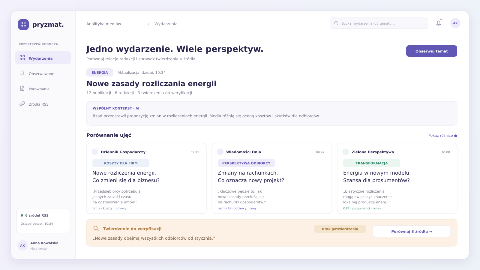 Przykładowy interfejs projektu: Analityka mediów: jedno wydarzenie, wiele ujęć