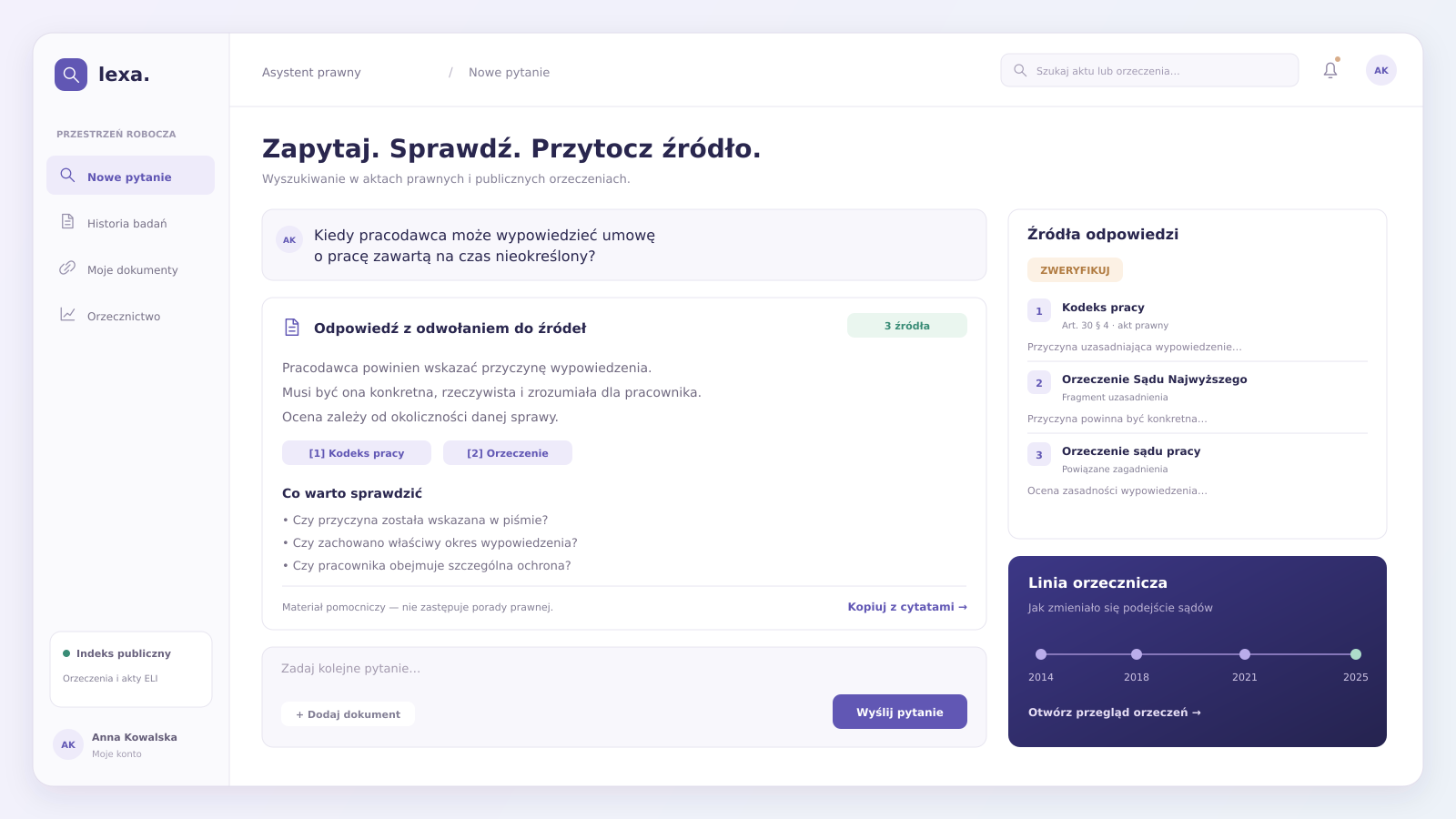 Przykładowy interfejs projektu: Asystent badań prawnych