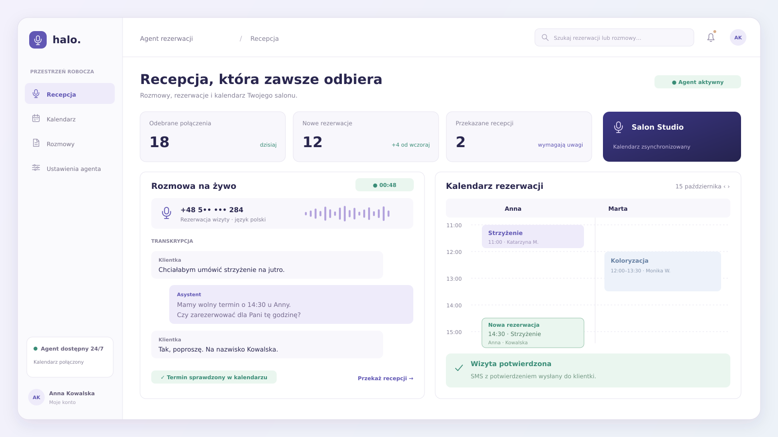 Przykładowy interfejs projektu: Głosowy agent rezerwacji
