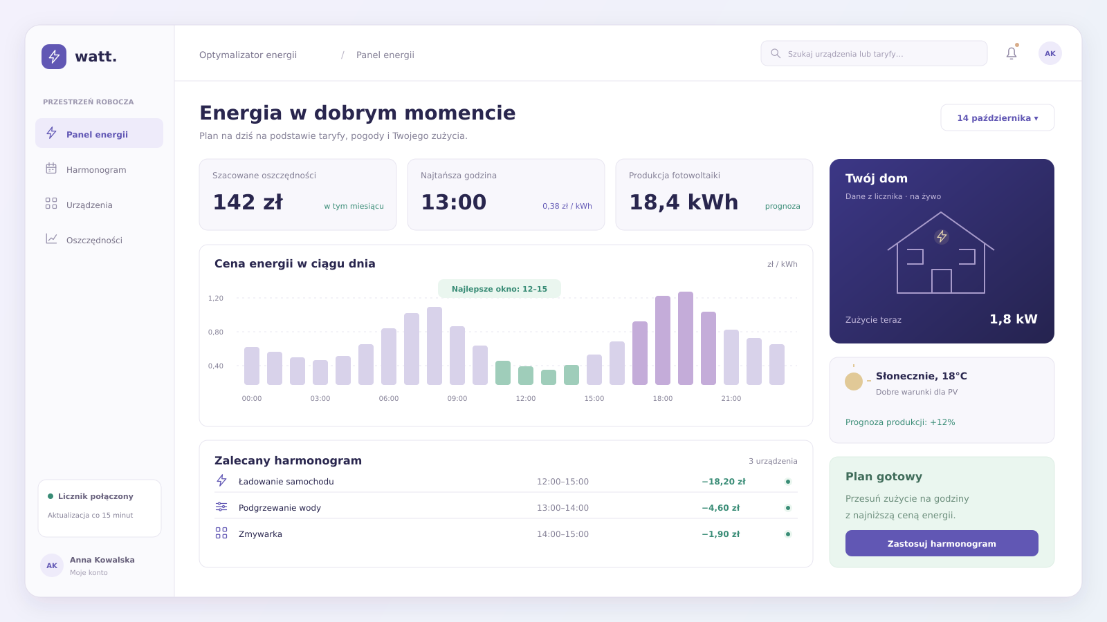 Przykładowy interfejs projektu: Optymalizator energii dla domu i firmy