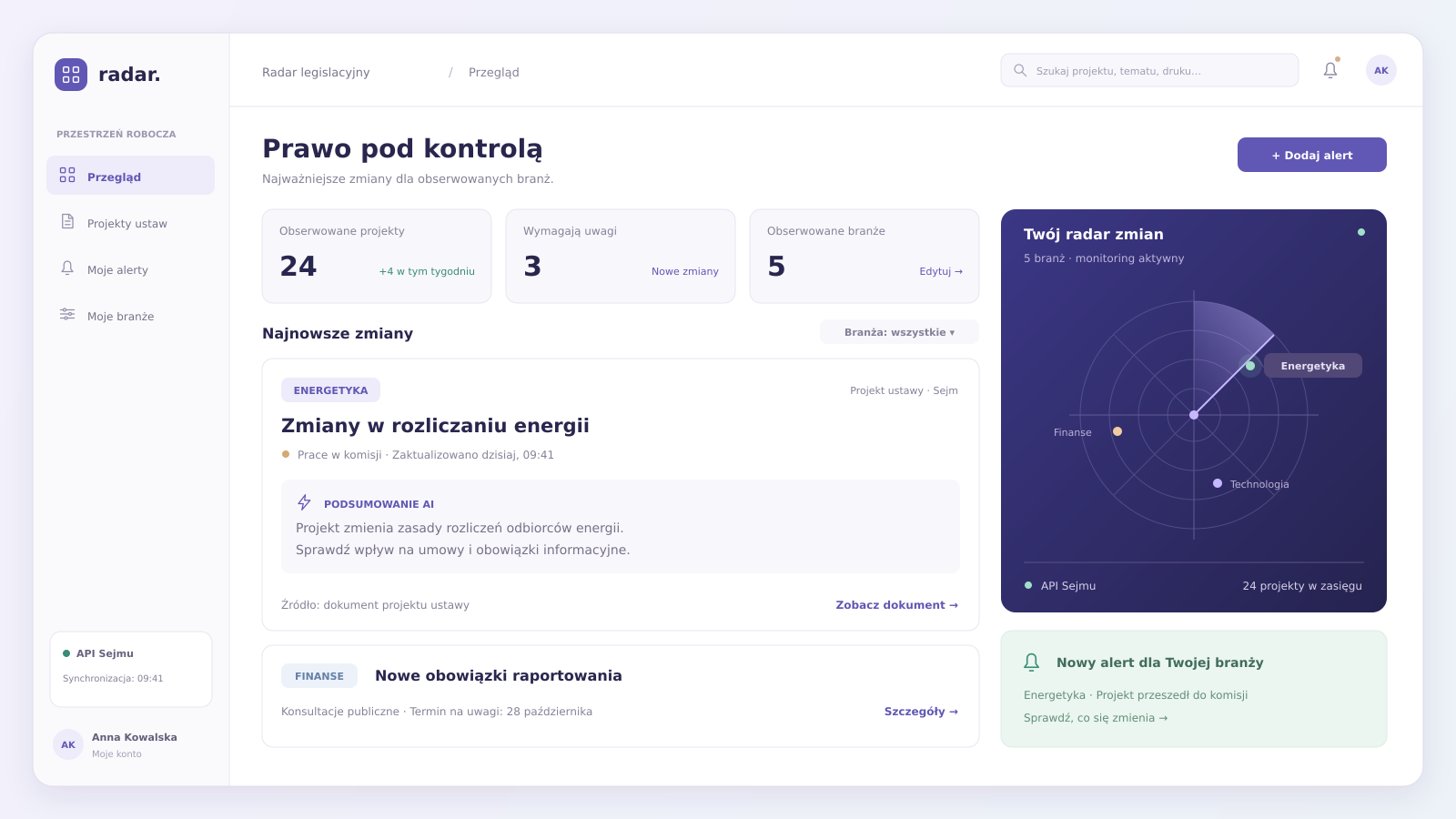 Przykładowy interfejs projektu: Radar legislacyjny