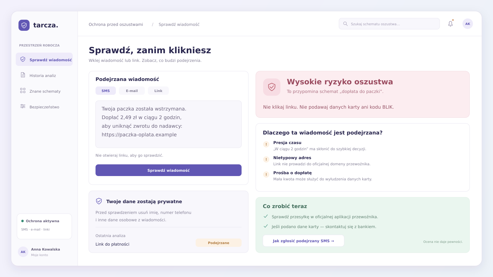Przykładowy interfejs projektu: Tarcza przed oszustwami